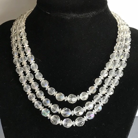 Vintage 3 Strand Aurora Borealis Crystal Necklace Rhinestone Extension 14-16 In - Picture 1 of 7